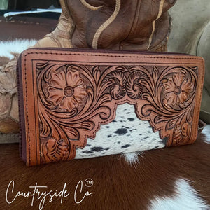 Tooled leather and cowhide women's wallet