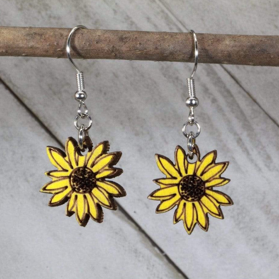 Kansas Sunflower Wooden Dangle Earrings | State Flower Jewelry by Cate's Concepts, LLC, handmade jewelry main product photo