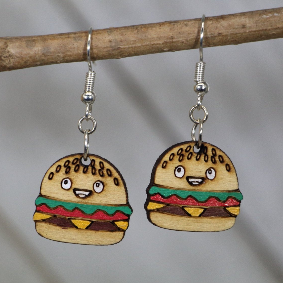 Kawaii Cheeseburger Wooden Earrings | Cute Food Lover Jewelry