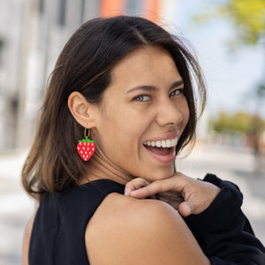 Additional view of Strawberry Hoop Earrings hand painted on lightweight wood by LE CHIC MIAMI