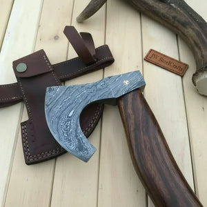 Damascus Camping Axe with Curved Rosewood Handle – Hand Forged Bushcraft Axe with Leather Sheath | JW SteelCrafts