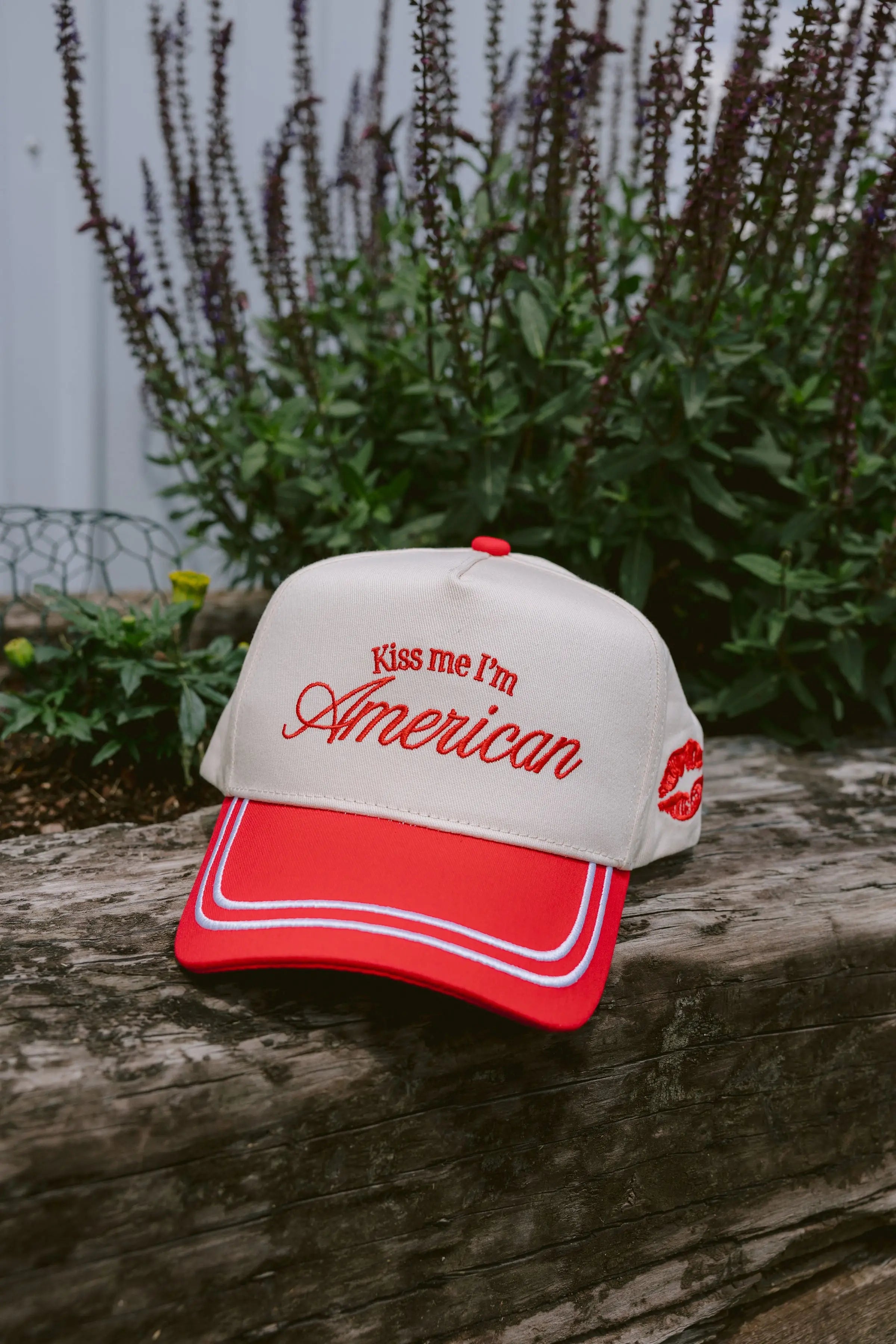 Kiss me I'm American - Red Vintage Trucker Hat by KenzKustomz, Southern lifestyle apparel detail photo 2