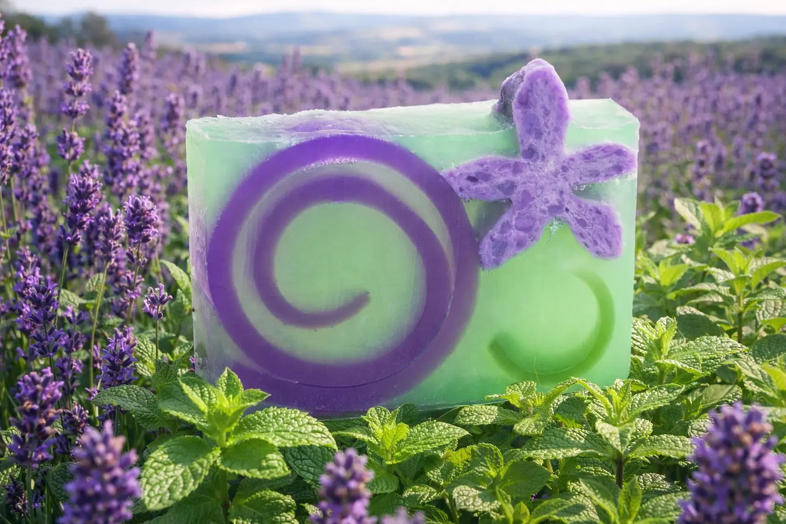 Green and purple lavender mint soap bar with floral accents in a lavender field.