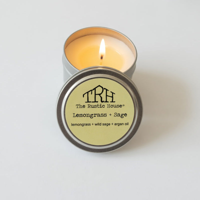 Lemongrass + Sage Travel Tin by The Rustic House, scented candle detail photo 2