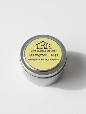 Lemongrass + Sage Travel Tin by The Rustic House, scented candle main product photo