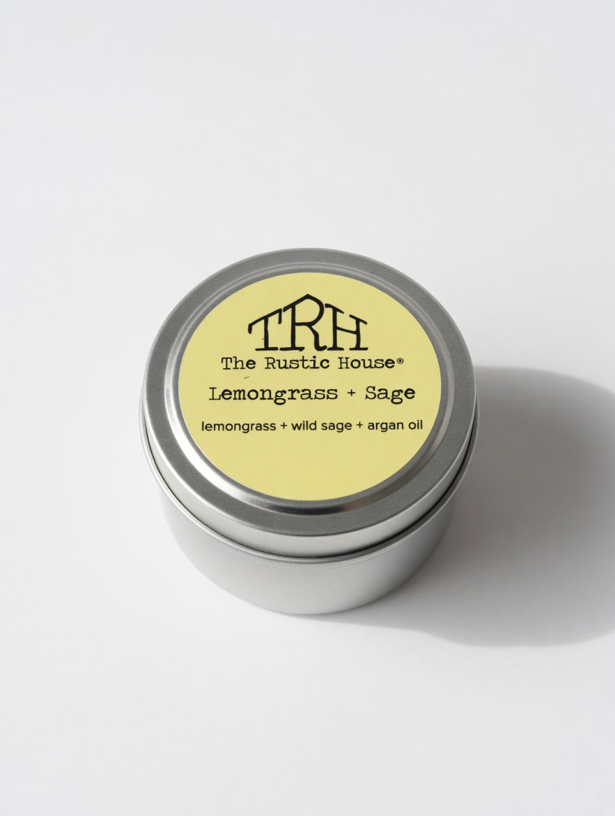 Lemongrass + Sage Travel Tin by The Rustic House, scented candle main product photo