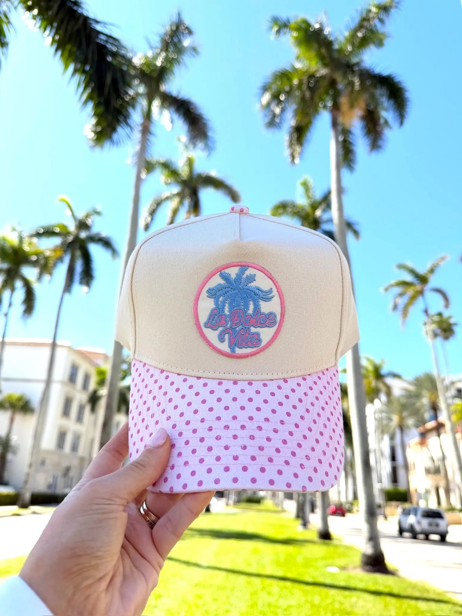 La Dolce Vita - Pink Polka Dot Trucker Hat by KenzKustomz, Southern lifestyle apparel main product photo