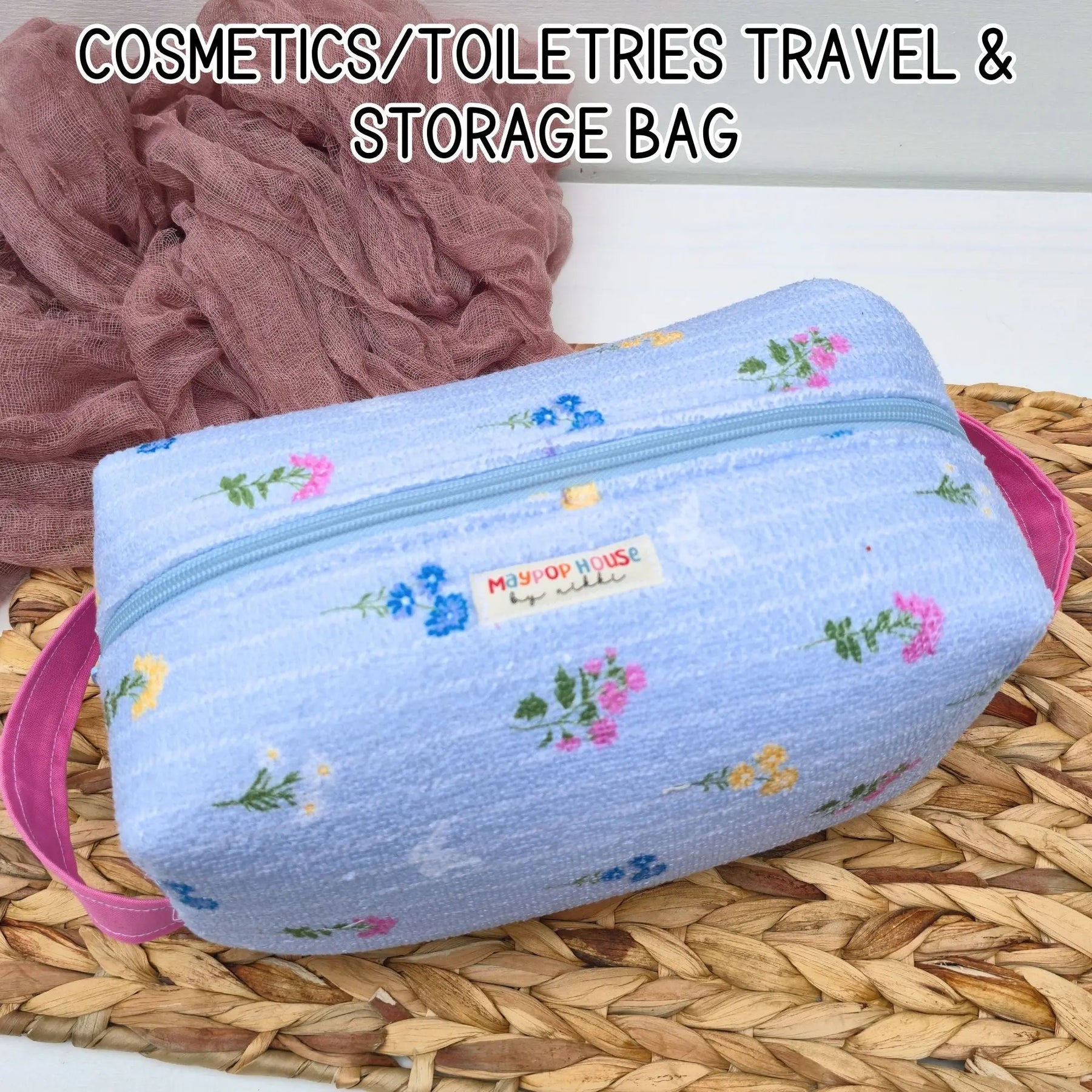 Large Floral Cosmetic Bag, Toiletry Travel Bag, Boxy Makeup Organizer, Zipper Pouch, Pink Floral Makeup Case Maypop House Designs