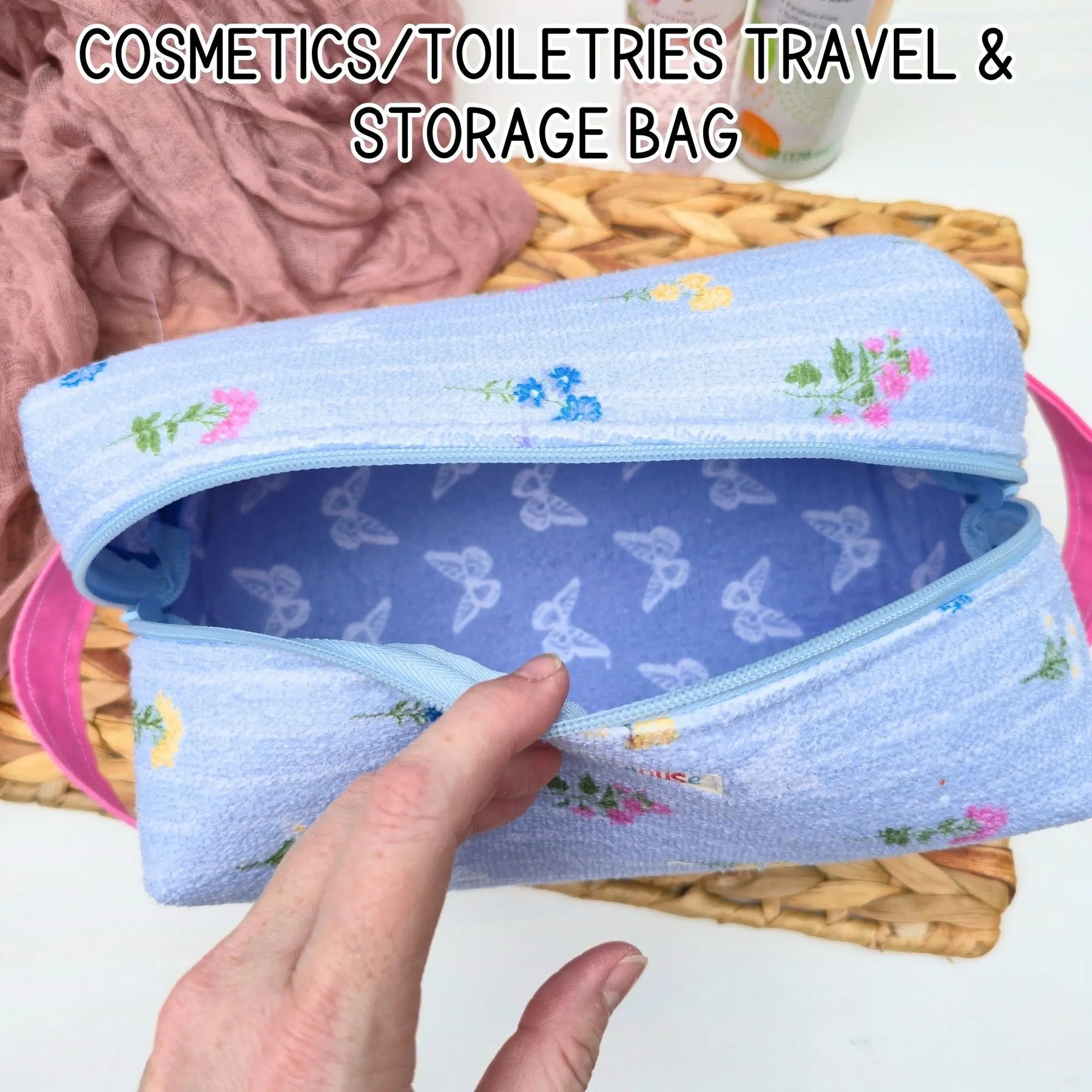 Large Floral Cosmetic Bag, Toiletry Travel Bag, Boxy Makeup Organizer, Zipper Pouch, Pink Floral Makeup Case Maypop House Designs
