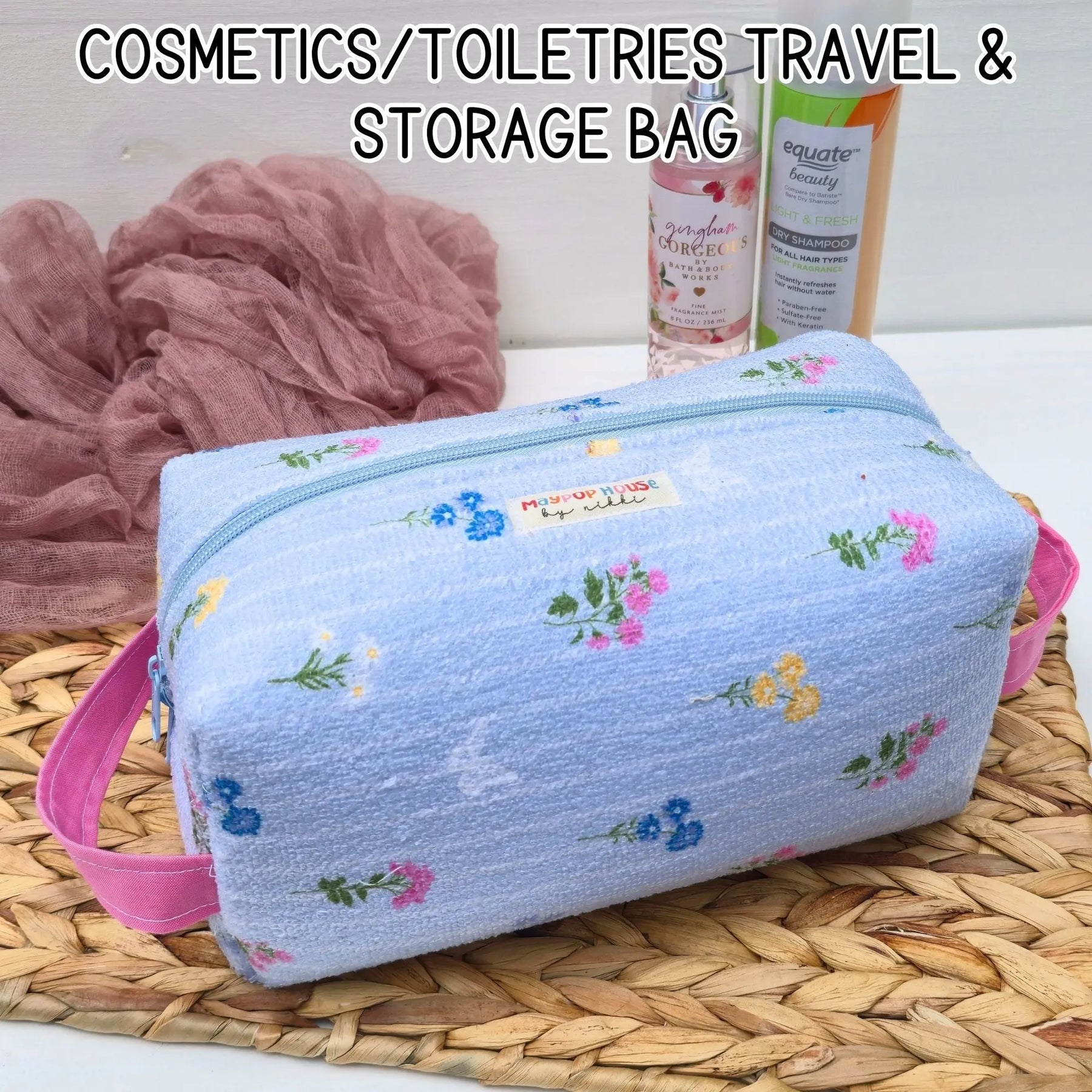 Large Floral Cosmetic Bag, Toiletry Travel Bag, Boxy Makeup Organizer, Zipper Pouch, Pink Floral Makeup Case Maypop House Designs
