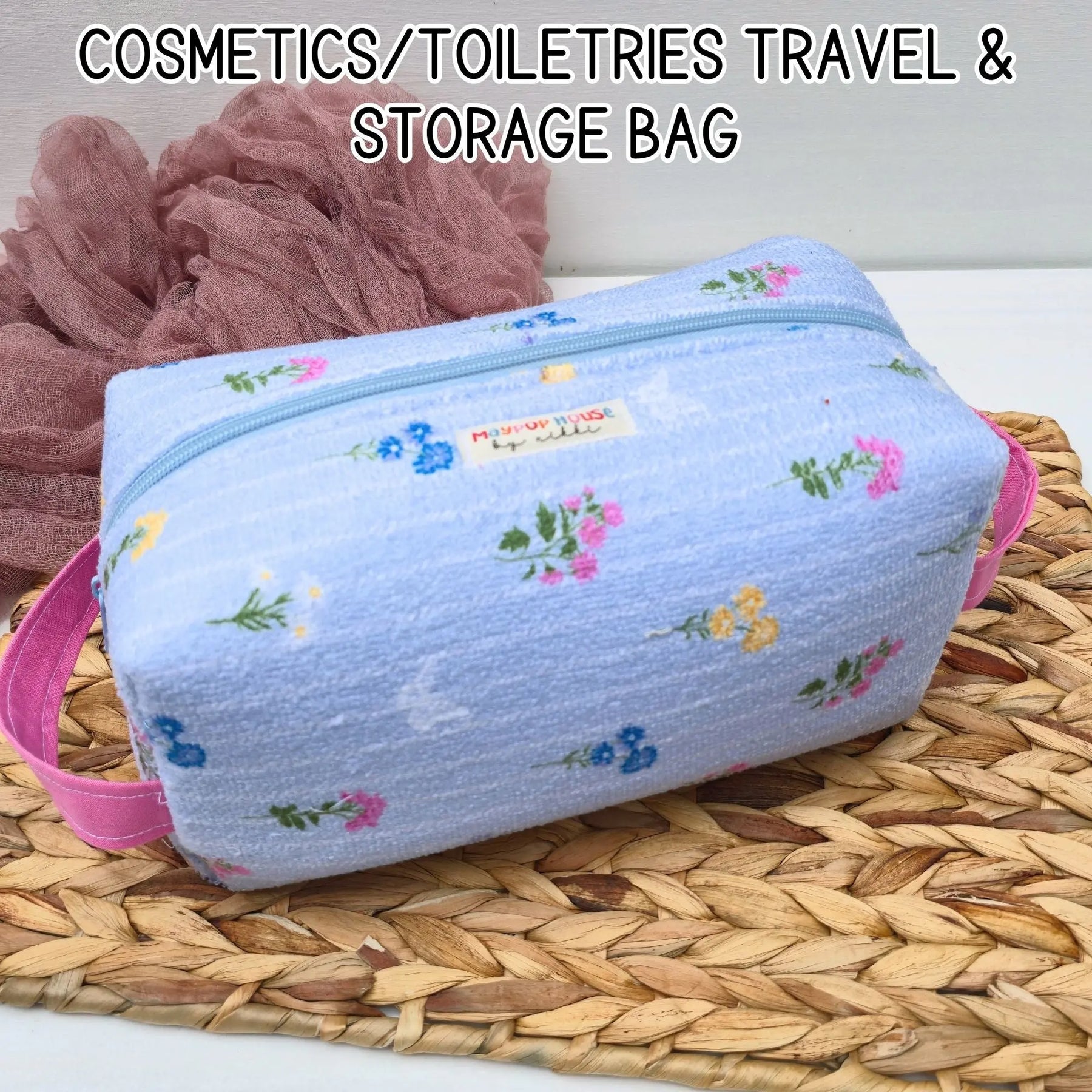 Large Floral Cosmetic Bag, Toiletry Travel Bag, Boxy Makeup Organizer, Zipper Pouch, Pink Floral Makeup Case Maypop House Designs