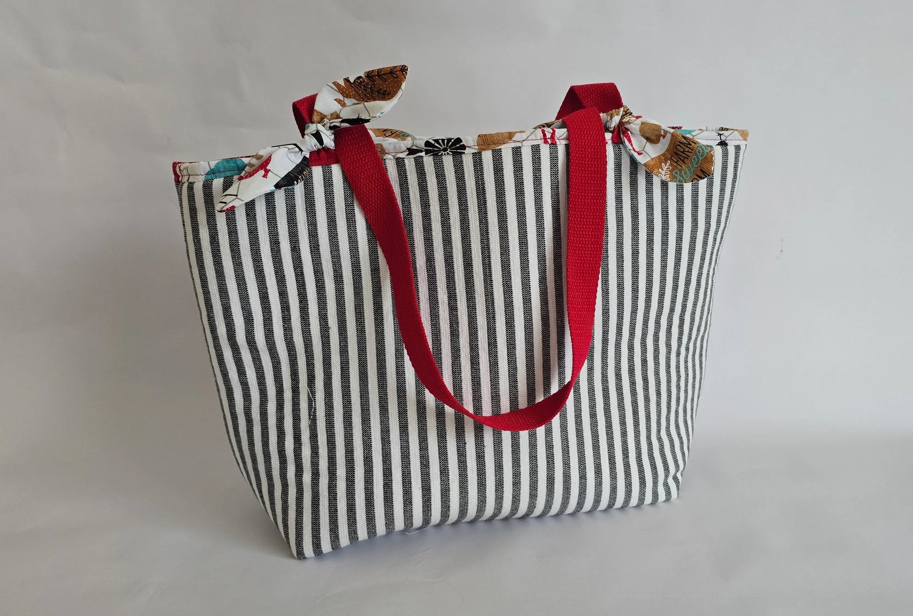 Striped canvas tote bag: black and white market tote with red straps, handmade reusable shoulder bag for women.