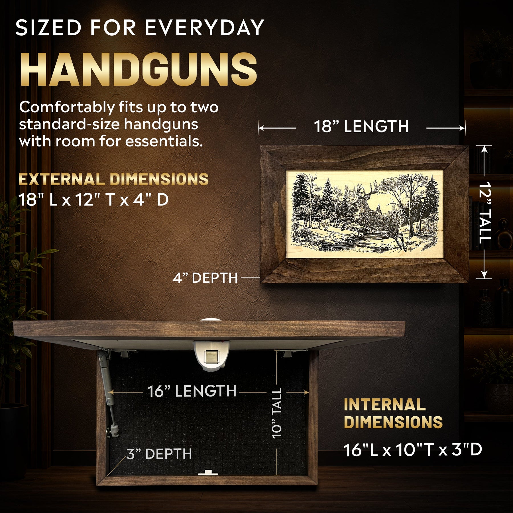 Leaping Deer Gun Concealment Furniture - Handcrafted Hidden Gun Storage Wall Decor - Hidden Safe Furniture with Magnetic Lock for Quick Access - Made in USA