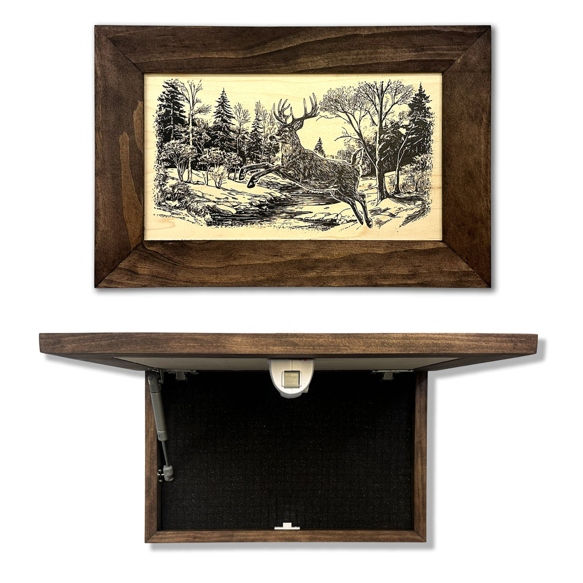 Leaping Deer Gun Concealment Furniture - Handcrafted Hidden Gun Storage Wall Decor - Hidden Safe Furniture with Magnetic Lock