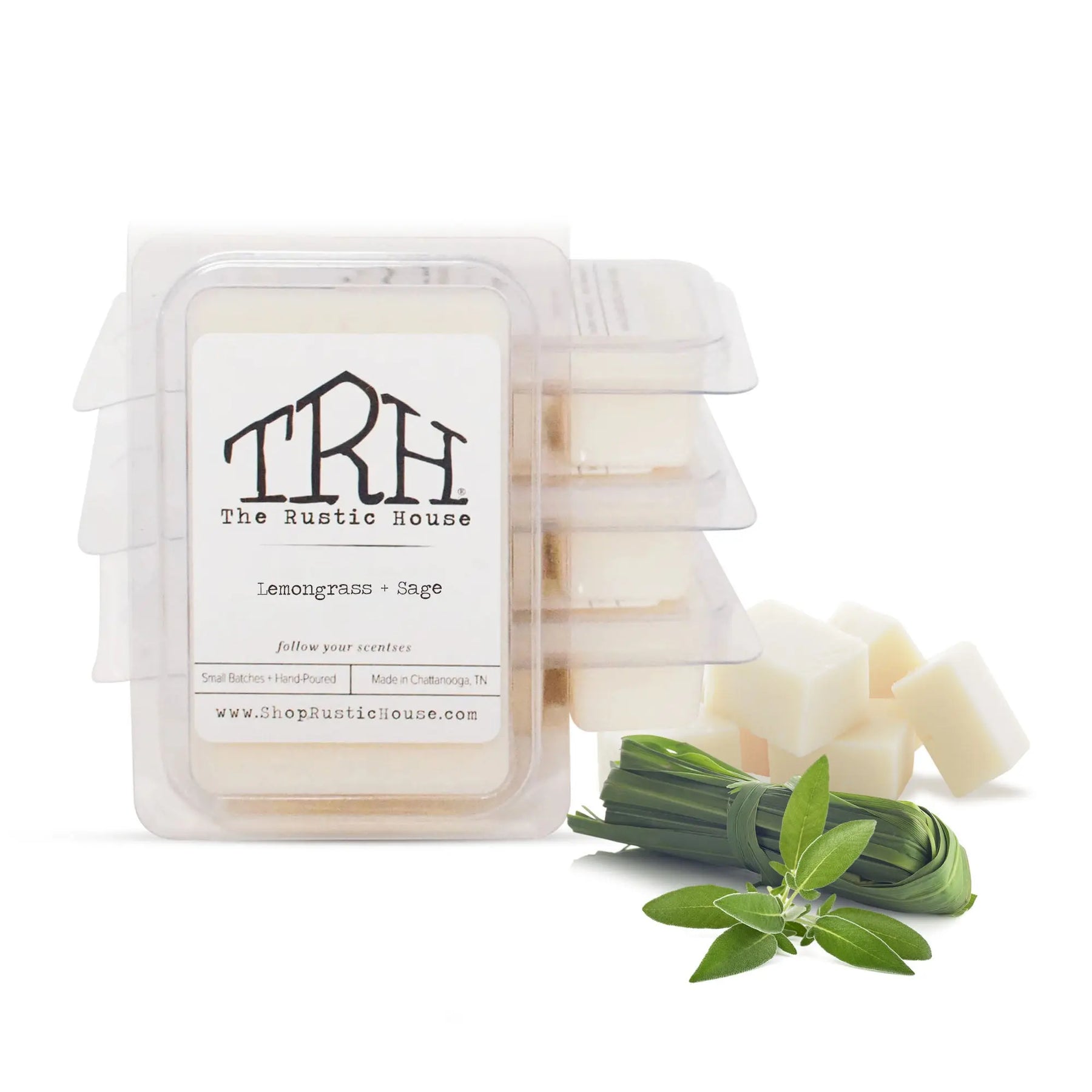 Wax melts with Lemongrass and Sage scent packaging, shown with fresh herbs.