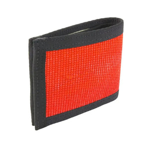 Red bifold wallet made from firehose material with black trim.