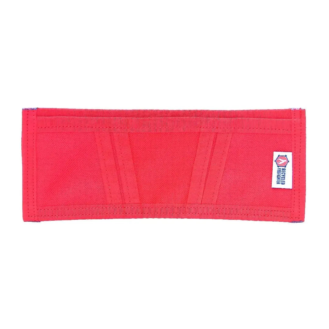 Red bifold wallet made from recycled fire hose with "Recycled Firefighter" logo.