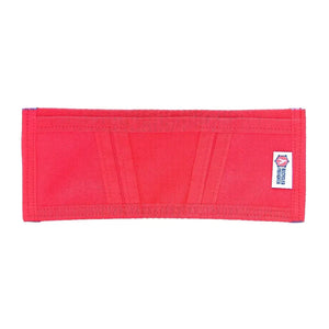 Red bifold wallet made from recycled fire hose with "Recycled Firefighter" logo.