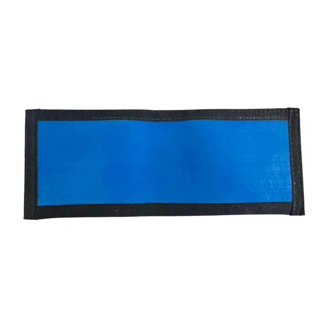 Blue and black bifold wallet made from fire hose