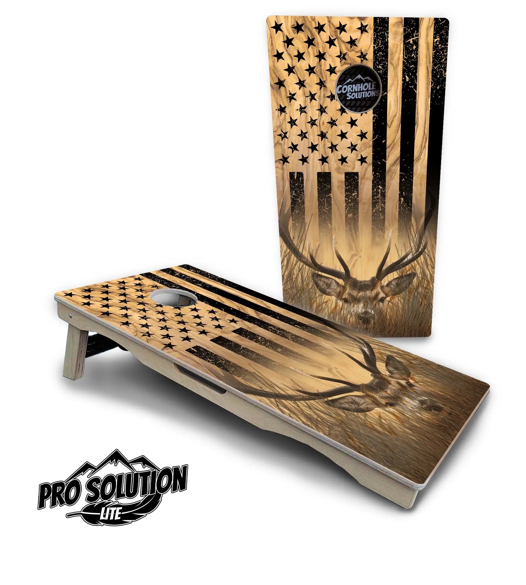 Light Wood Deer & Fish Flag Cornhole Boards - Pro Solution Lite Series by Cornhole Solutions, custom cornhole board main product photo
