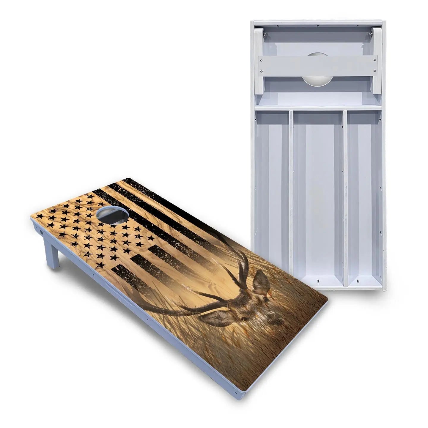 Light Wood Flag Deer & Fish Cornhole Boards - All Weather Series by Cornhole Solutions, custom cornhole board main product photo