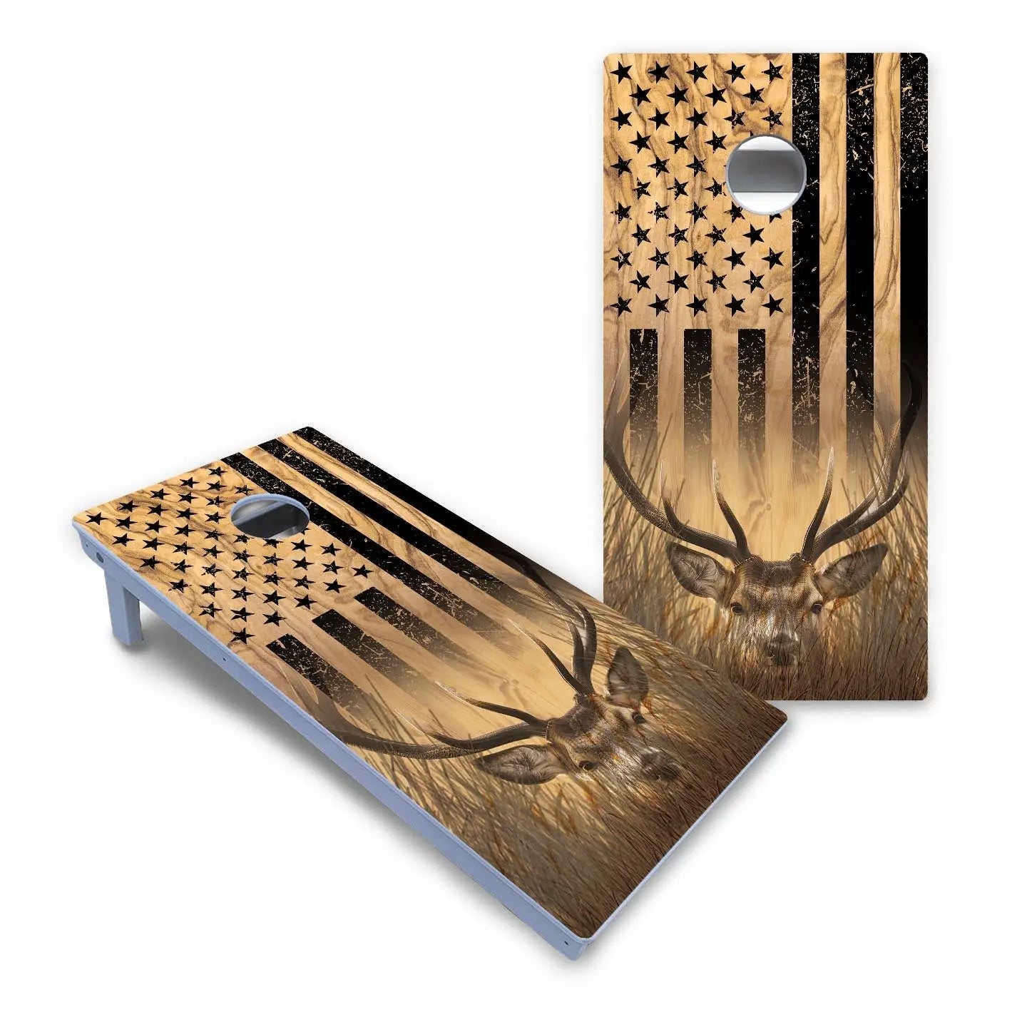 Light Wood Flag Deer & Fish Cornhole Boards - All Weather Series by Cornhole Solutions, custom cornhole board detail photo 2