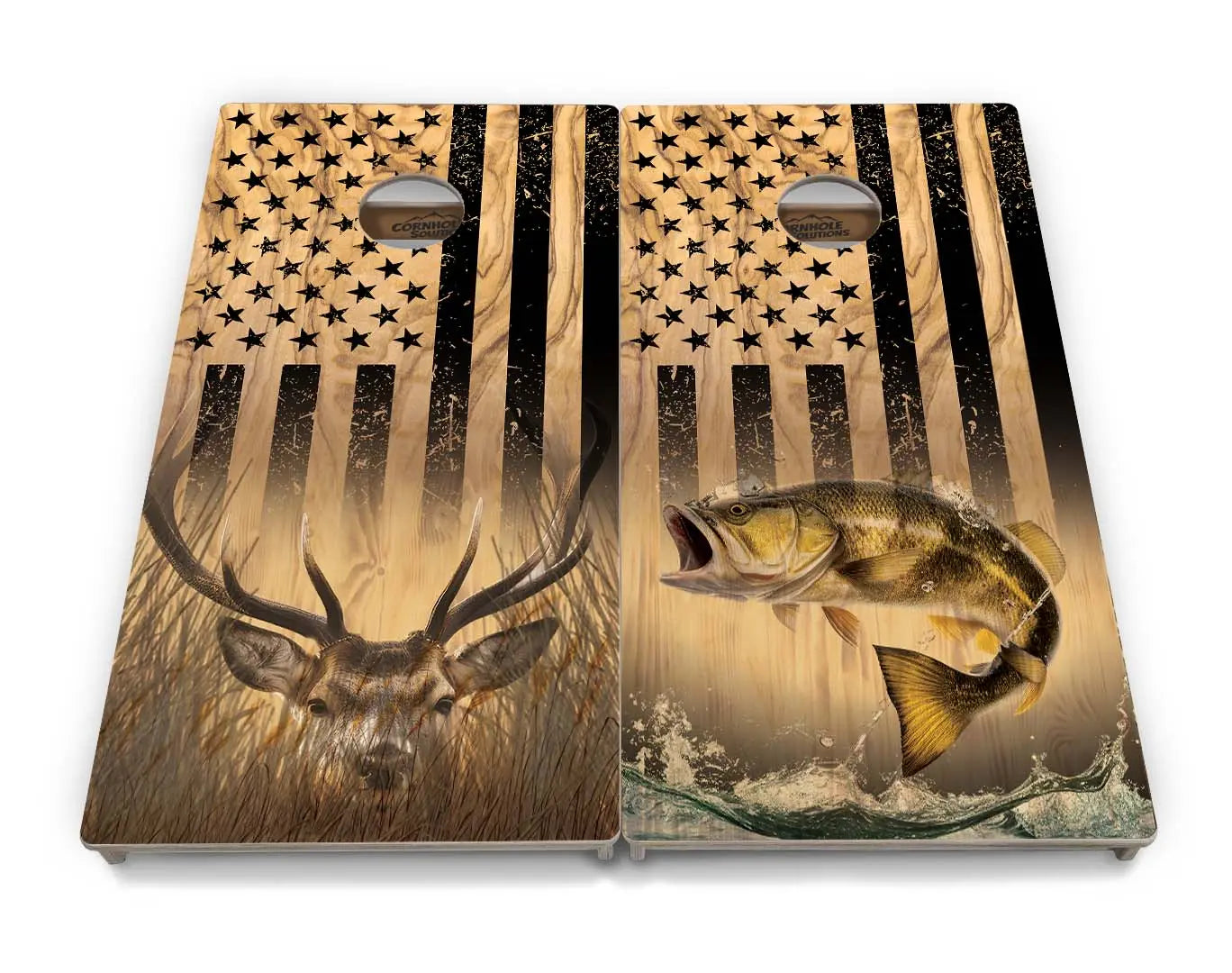 Light Wood Flag Deer & Fish Cornhole Boards - Professional Tournament Series by Cornhole Solutions, custom cornhole board detail photo 2