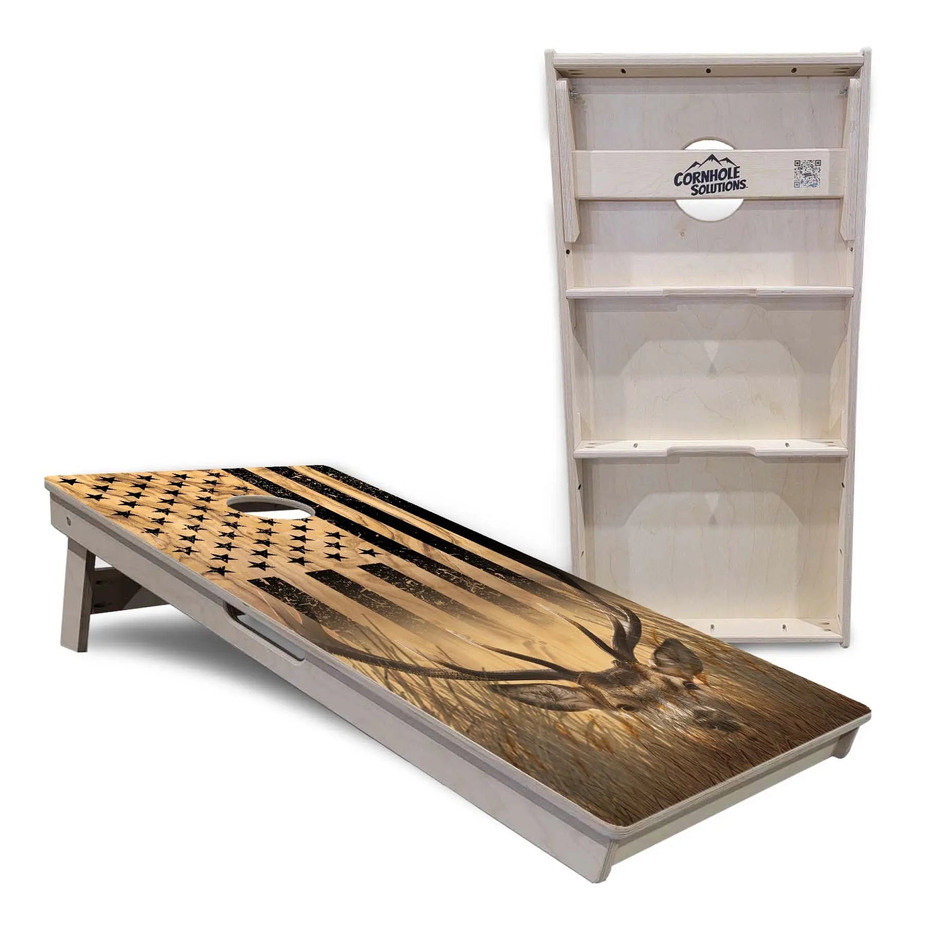 Light Wood Flag Deer & Fish Cornhole Boards - Professional Tournament Series by Cornhole Solutions, custom cornhole board detail photo 6