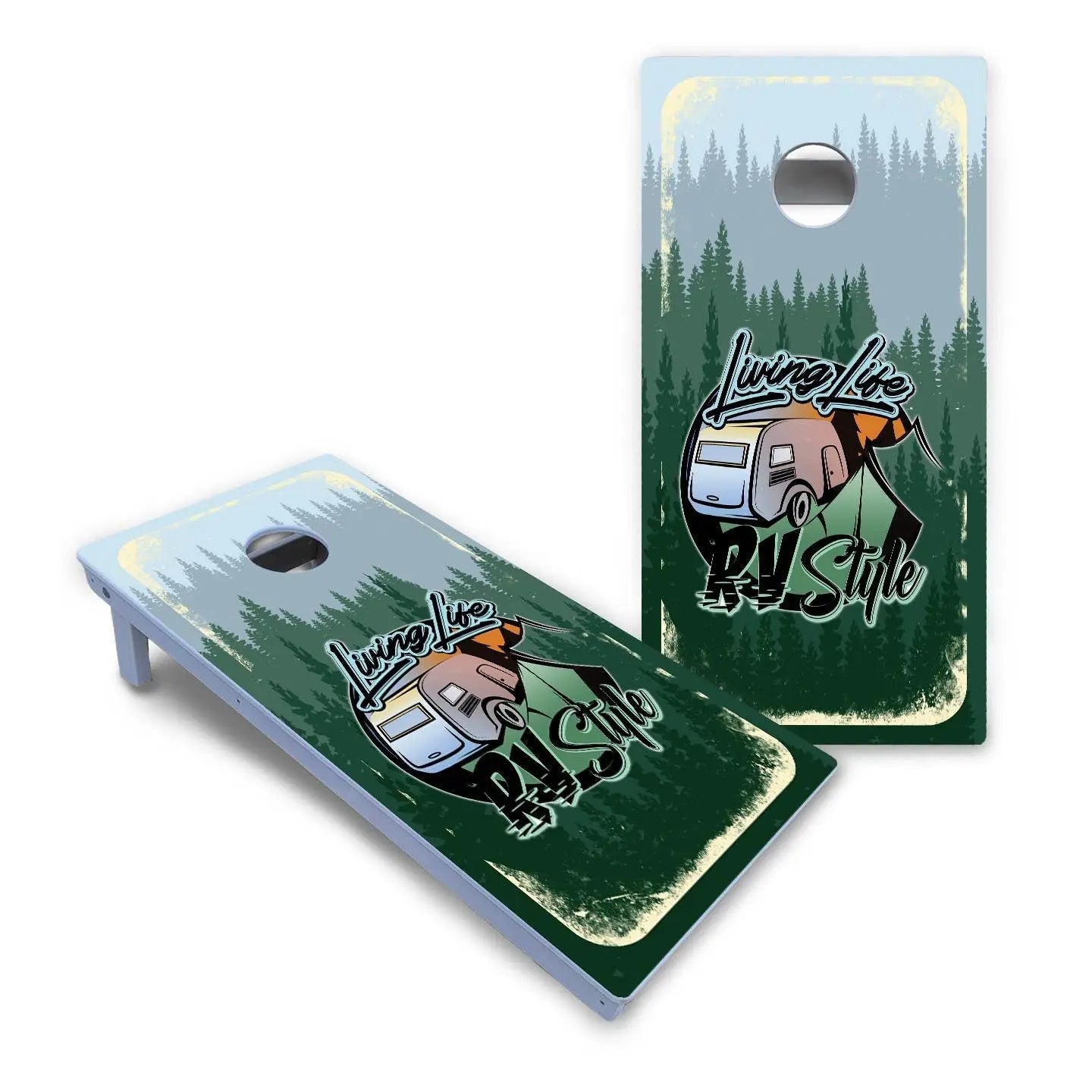 Living Life RV Style Cornhole Boards - All Weather Series by Cornhole Solutions, custom cornhole board detail photo 2