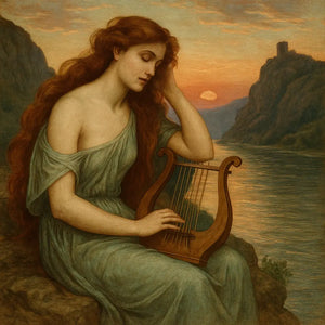 Painting of a woman with a lyre by a river at sunset with mountains and a building in the background.