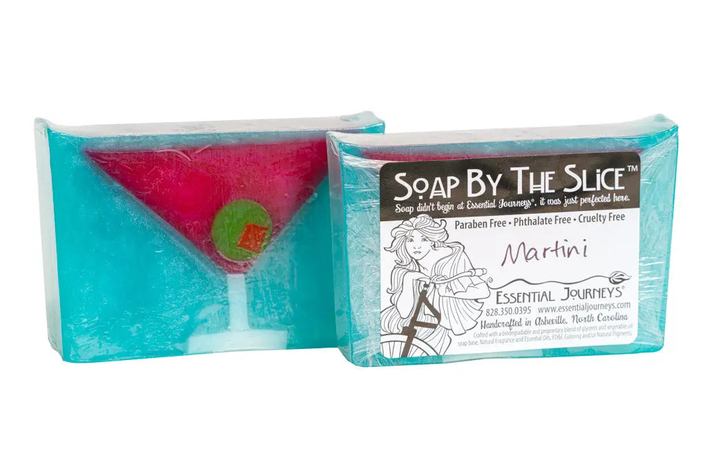 Martini glass shaped soap slice with aqua and pink colors by Essential Journeys.