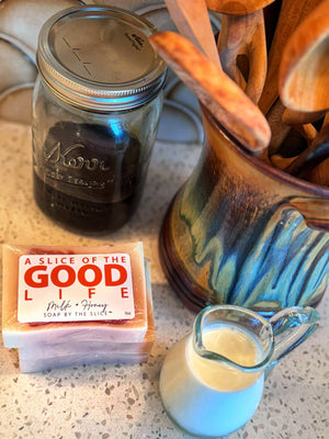Bar soap with "A Slice of the Good Life" Milk & Honey label.