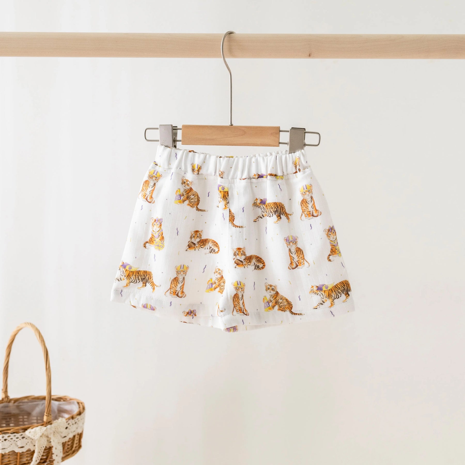 MVC: Louisiana Tigers Organic Muslin Shorts by Nola Tawk, children's boutique clothing main product photo