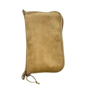 Brown leather dopp bag with zipper closure and drawstring detail.