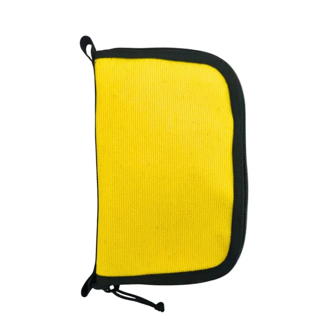 Yellow dopp bag with black zipper and trim