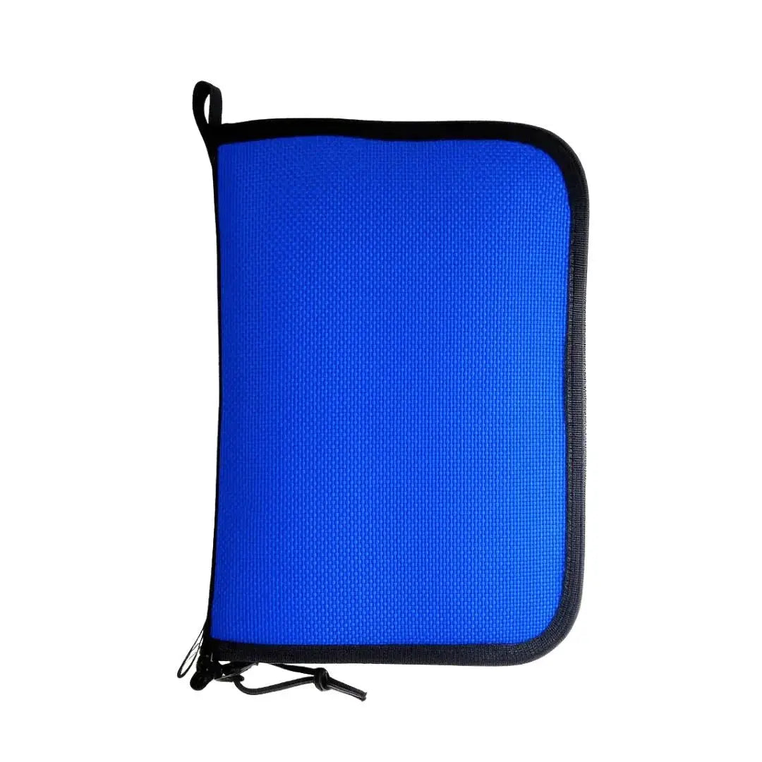 Blue zippered dopp bag with black trim and a hanging loop