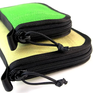 Two zippered pouches, one green and one yellow, stacked.