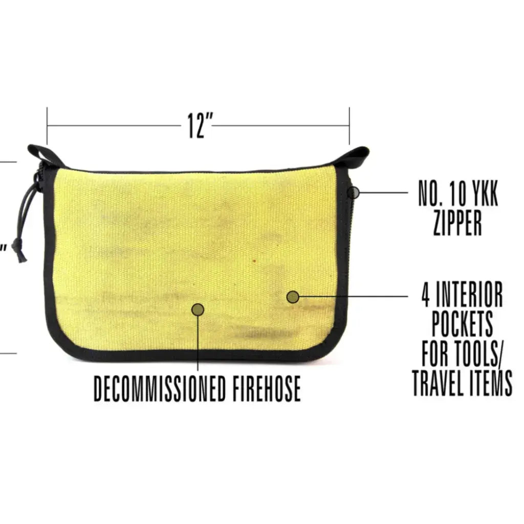 Yellow decommissioned fire hose dopp bag with a 12-inch zipper.