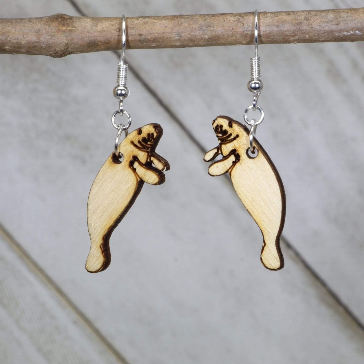 Manatee Wooden Dangle Earrings | Realistic Sea Life Jewelry