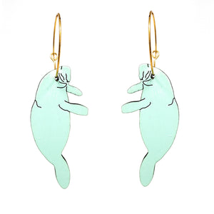Additional view of Manatee Hoop Earrings, 2 Colors Available hand painted on lightweight wood by LE CHIC MIAMI