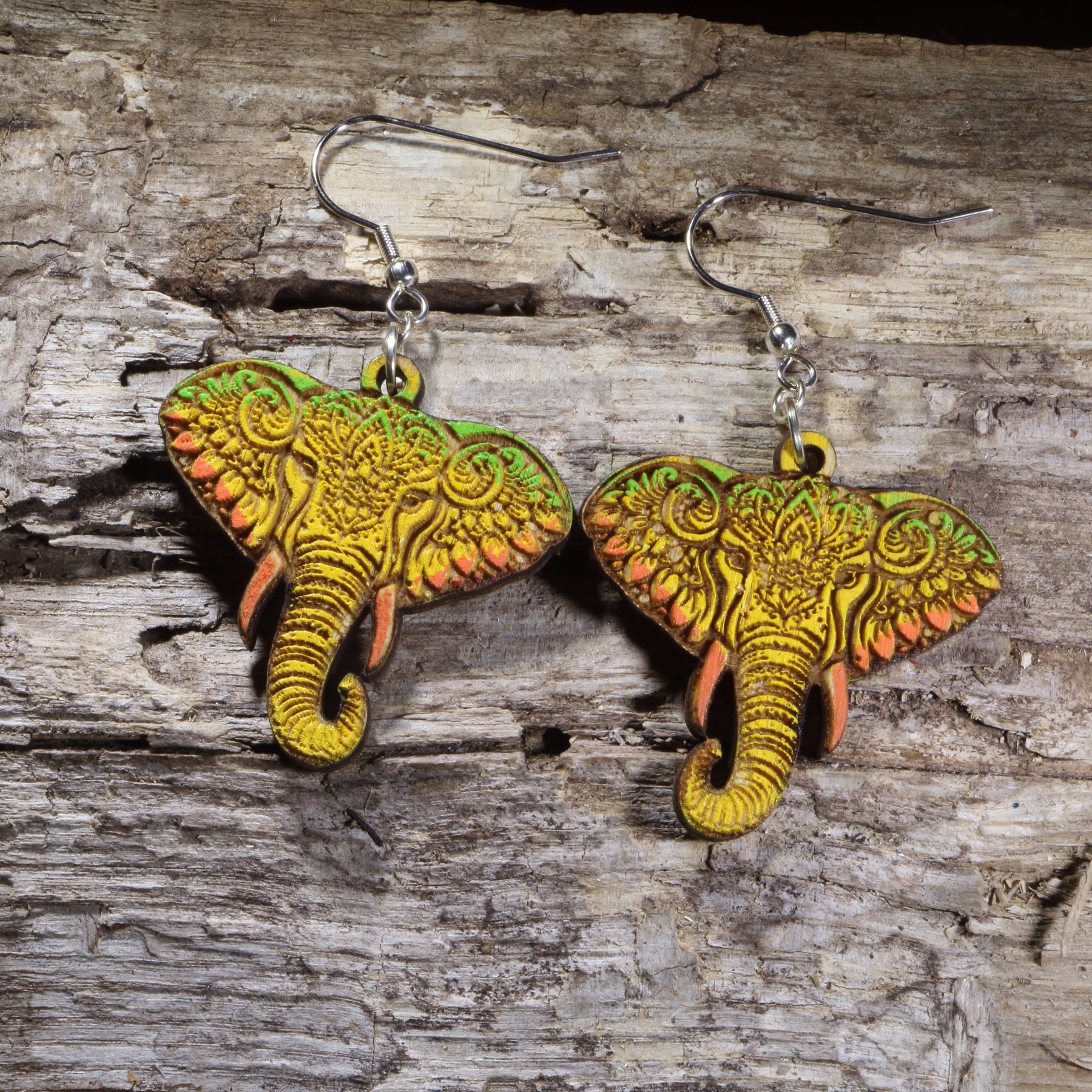 Mandala Elephant Wooden Dangle Earrings | Boho Animal Jewelry