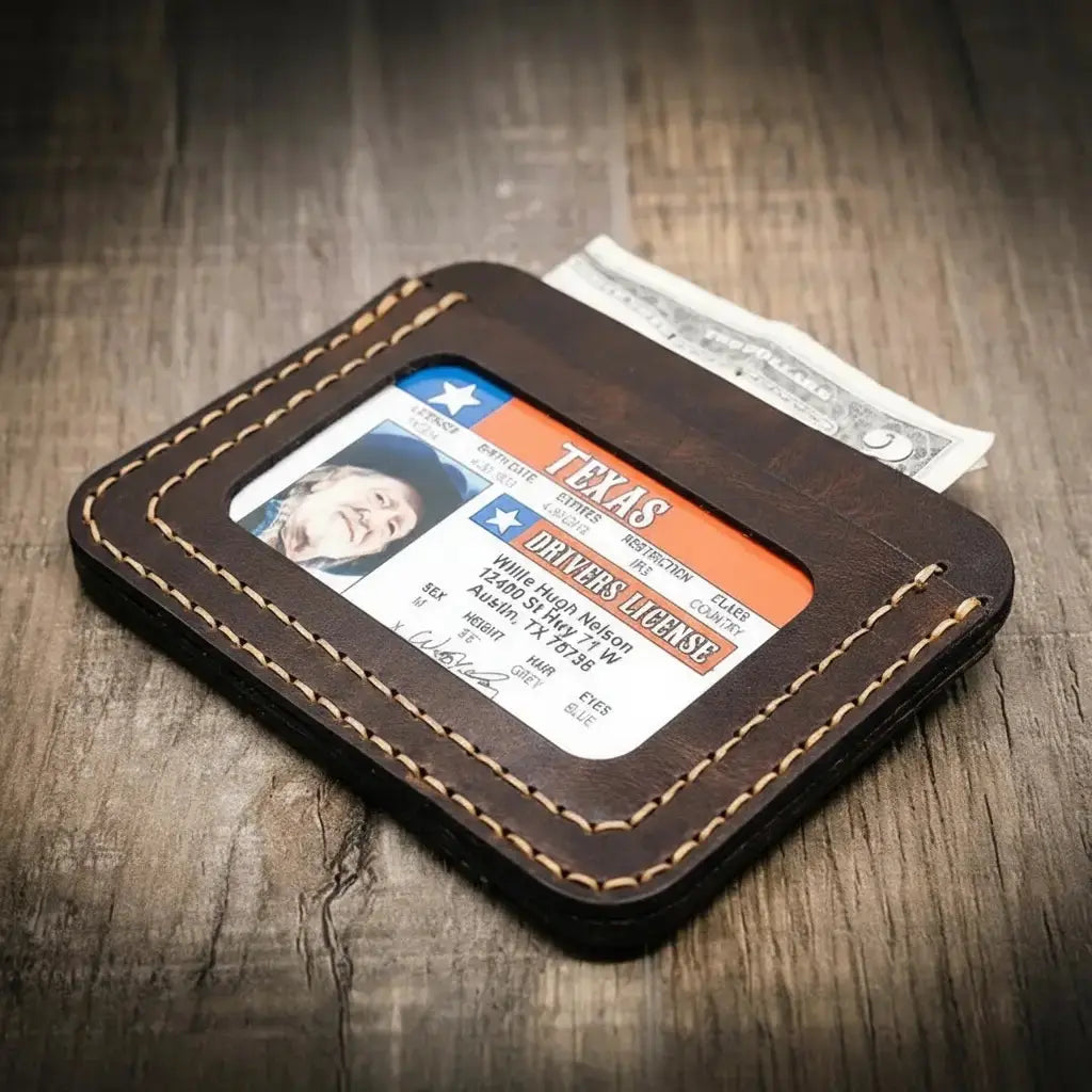 Close view of Mansfield Minimalist Wallet leather grain and stitching