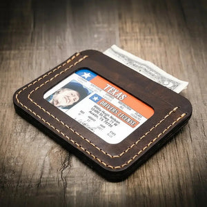 Close view of Mansfield Minimalist Wallet leather grain and stitching