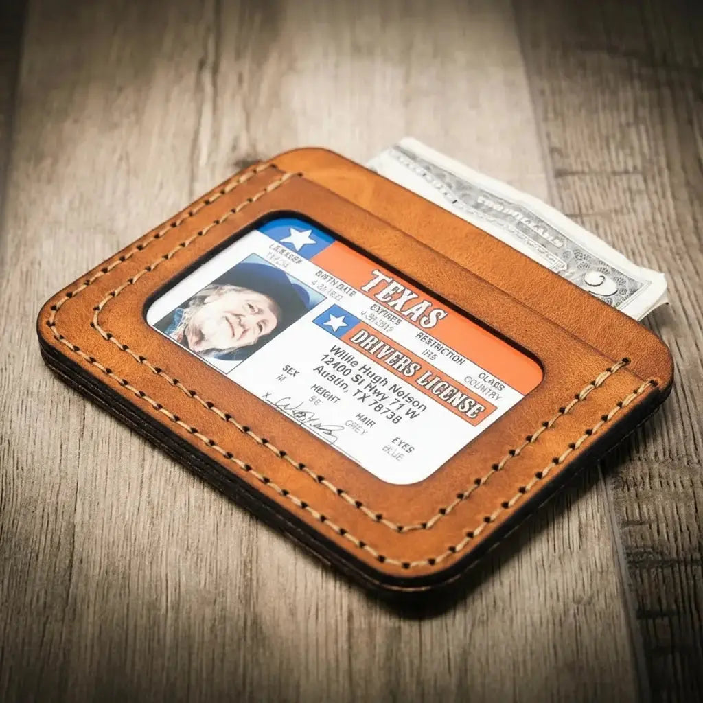 Handmade Mansfield Minimalist Wallet displayed partially open