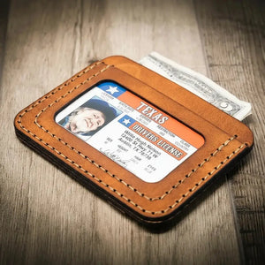 Handmade Mansfield Minimalist Wallet displayed partially open