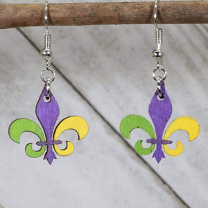 Large Mardi Gras Fleur-de-lis Wooden Dangle Earrings | New Orleans Jewelry