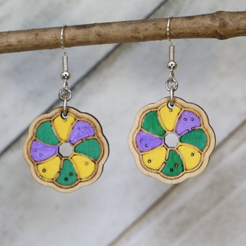 Mardi Gras King Cake Wooden Dangle Earrings | Louisiana Jewelry