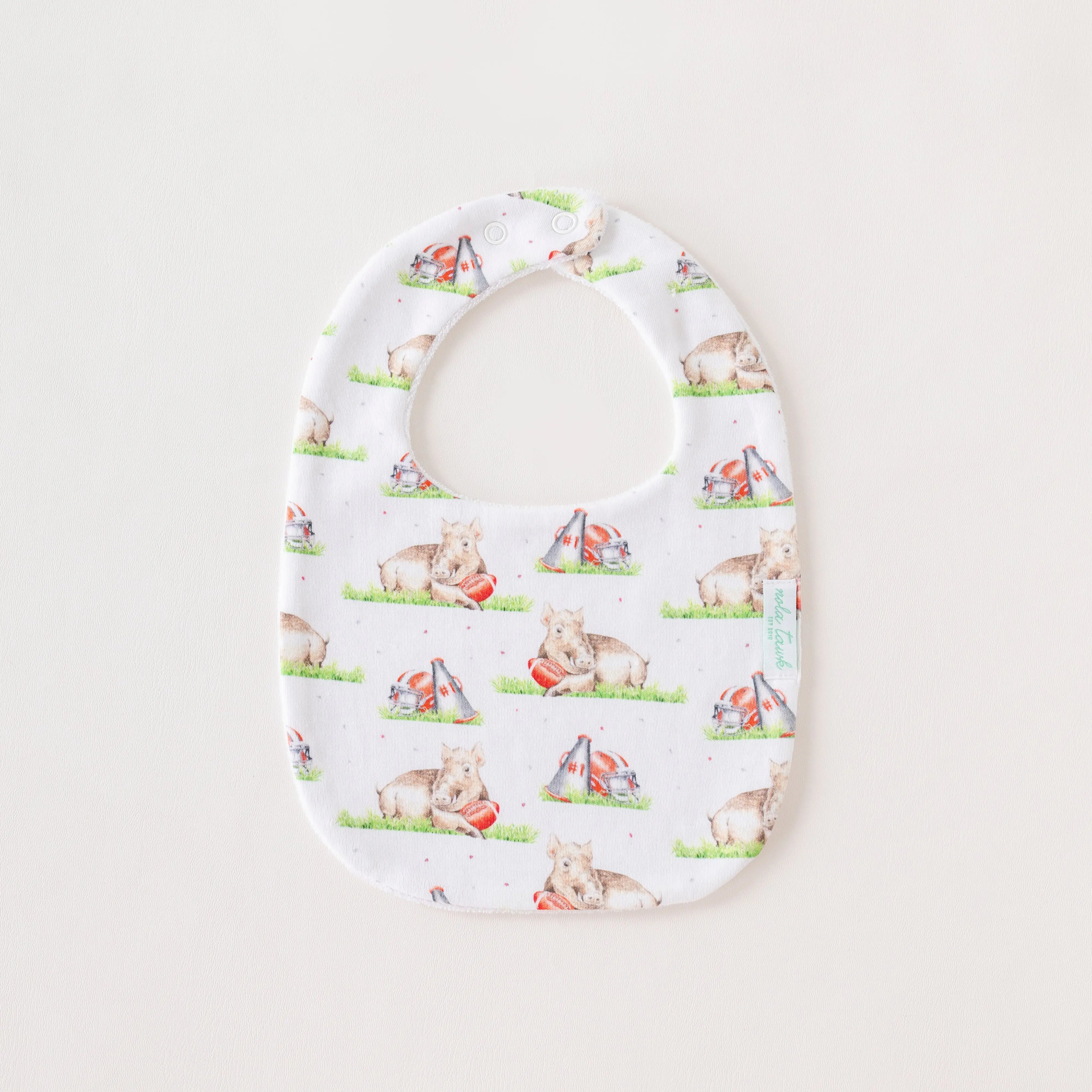 Mascot Mania in Arkansas Organic Cotton Baby Bib by Nola Tawk, children's boutique clothing main product photo