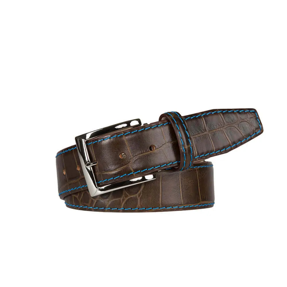 Matt Bark Brown Mock Gator Leather Belt by Roger Ximenez: Bespoke Belts and Leather Accessories, handmade leather goods main product photo