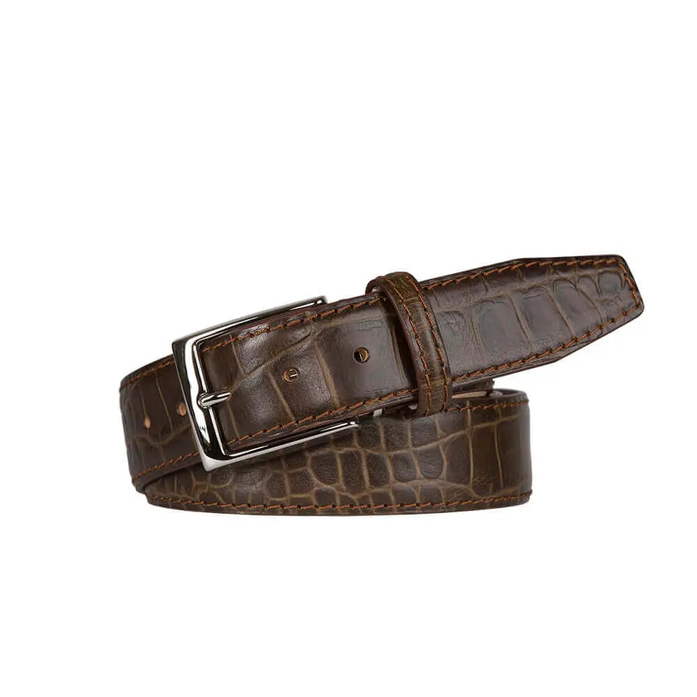 Matt Bark Brown Mock Gator Leather Belt by Roger Ximenez: Bespoke Belts and Leather Accessories, handmade leather goods detail photo 2